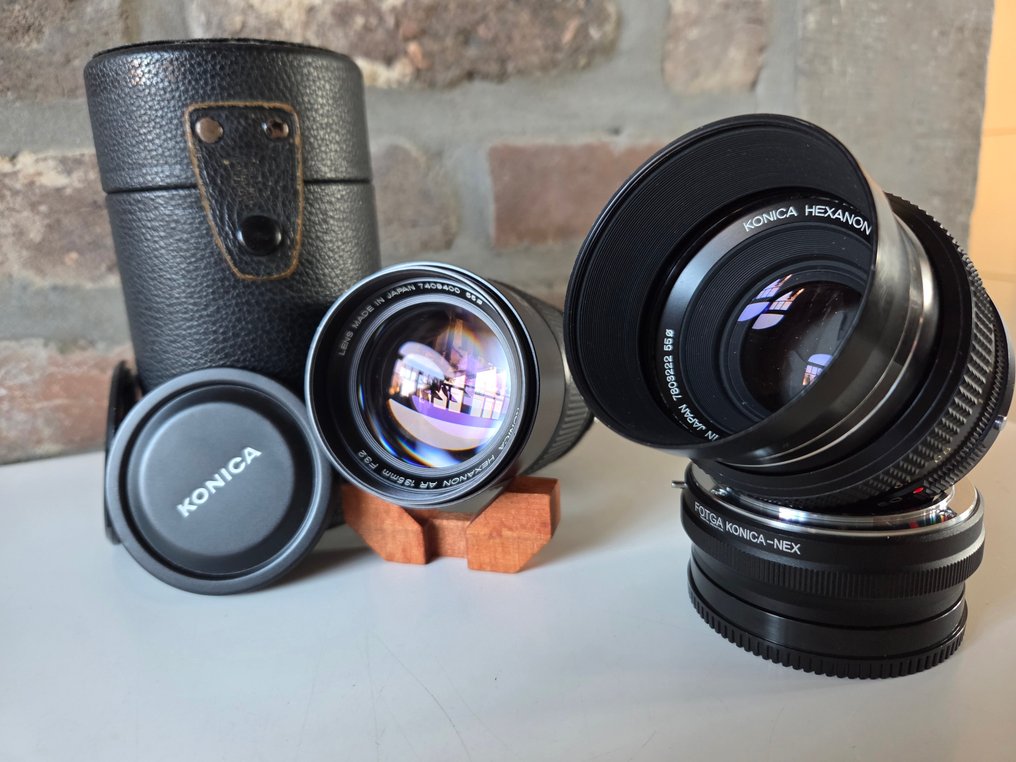 Konica 50mm 1.7 + 135mm 3.2 hexanon AR + adapter konica-NEX + zonnehood + tas Fényképezőgép objektív #2.1