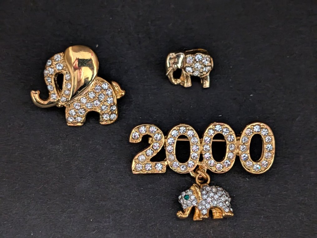 Άγαλμα, Broches olifanten ingelegd met Swarovski elementen - 3.7 cm - Μέταλλο, επενδυμένο με ροδίου - 1980 #2.1