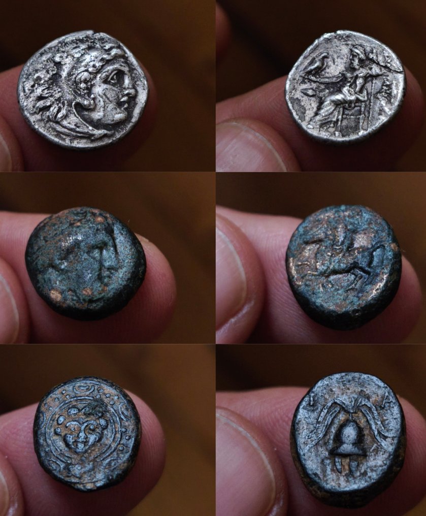 Rois de Macédoine. Lot Comprising 3 coins. Silver Drachm and bronze half unit of Alexander III 'the Great' & Bronze Unit of Philip II. (Sans prix de réserve) #1.0