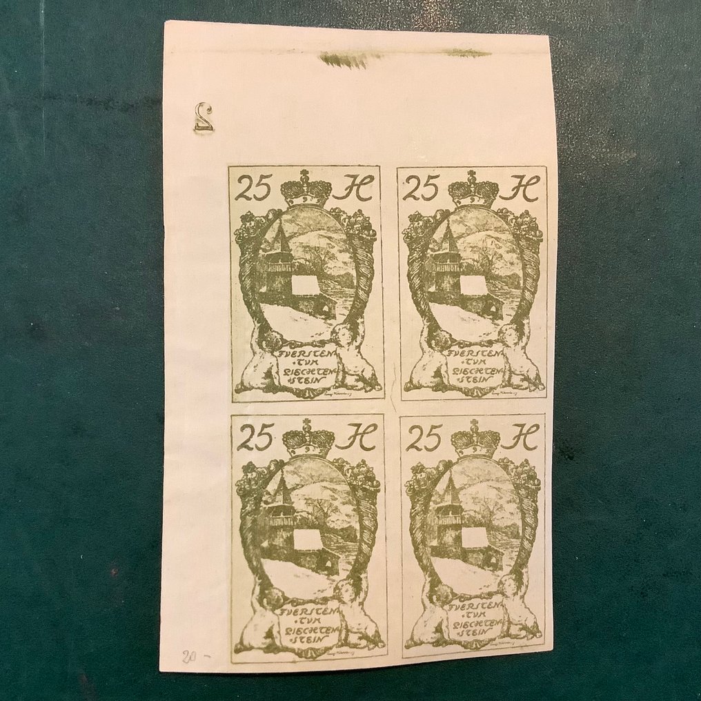 Liechtenstein 1920 - 25 Heller landskaber - ugetandede blok af fire med pladenummer 2 - Michel 29U #1.0