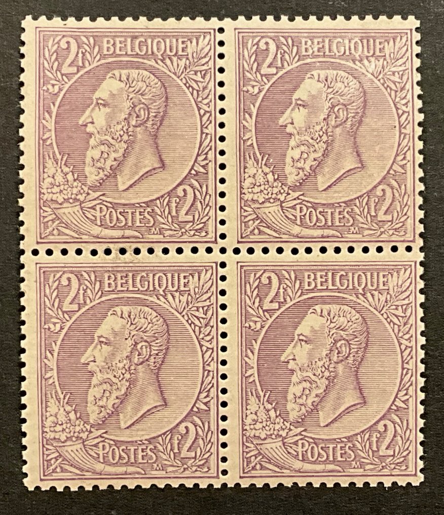 比利时 1884/1891 - Leopold II 发行于1884年 - 2法郎紫色 - 4枚连组 - 后印，具有良好的居中性 - OBP/COB 52 #1.0