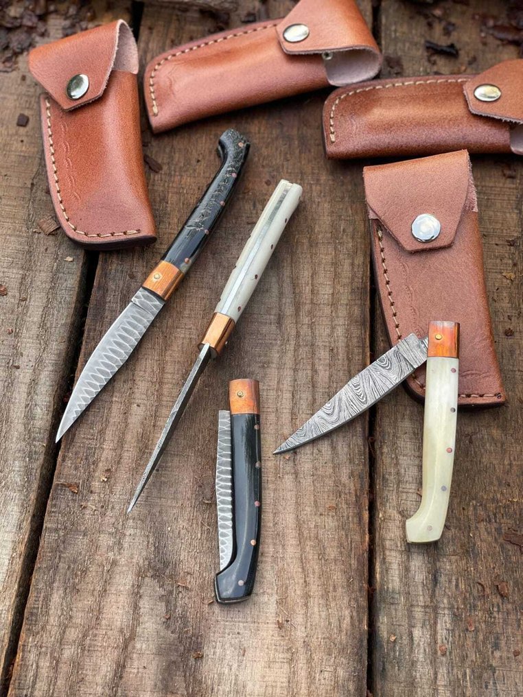 K Romain - 廚刀 - Kitchen knife set -  工匠意大利Pattada刀具，K Romain手工精品刀具 - 鋼, 不锈钢 皮革 骨头 复古 铜 - 法國 - 永恒的稀有发现 #1.0