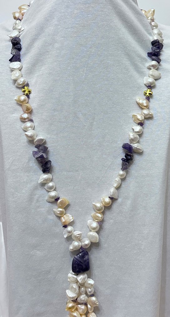 天然珍珠（白色和粉色）巴洛克和紫水晶配有希腊十字，采用黑玛瑙制成。 - 頸鏈 - 高品质 #1.0