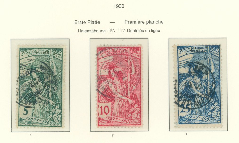 Switzerland 1900 - Stamped issue UPU in good condition, Plates I, II, III (only missing 25 C III), Mi. No. 71 - 73. - Schweiz - 25 Jahre Weltpostverein #1.0