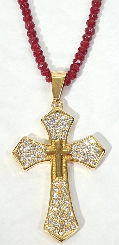Faceted ruby and XL cross with cubic zirconia - 925 silver clasp gold-plated. - Necklace #1.0