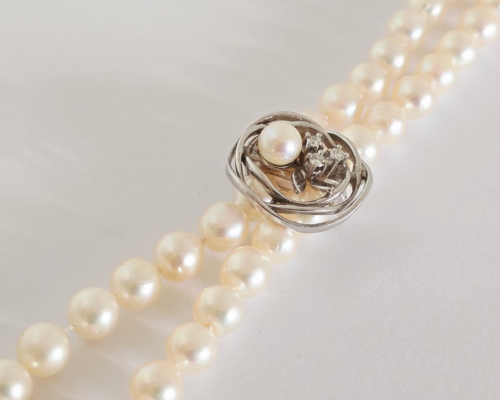 Colier - 14 ct. Aur alb -  0.12ct. tw. Perlă - Diamant #2.1