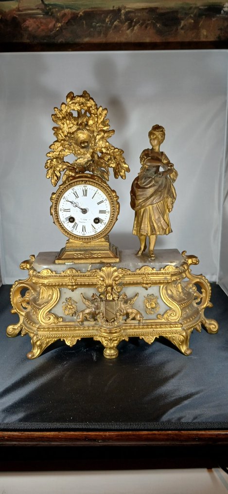 雕像壁爐架座鐘 -   黃銅, 青銅色, 大理石, 雪花石膏 - 1850-1900 #1.0