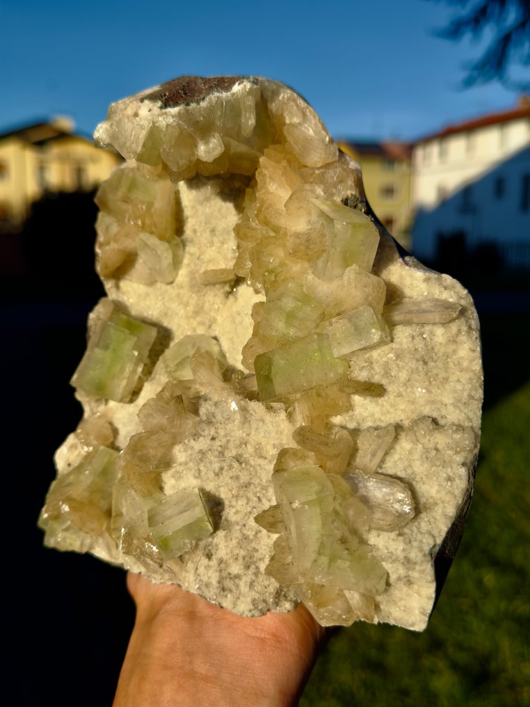 Μοναδικό μεγάλο πράσινο κυβικό Apophyllite με Stilbite πάνω σε Chalcedony. Κρίσταλ στη μήτρα - Ύψος: 16 cm - Πλάτος: 16 cm- 2608 g - (1) #2.1