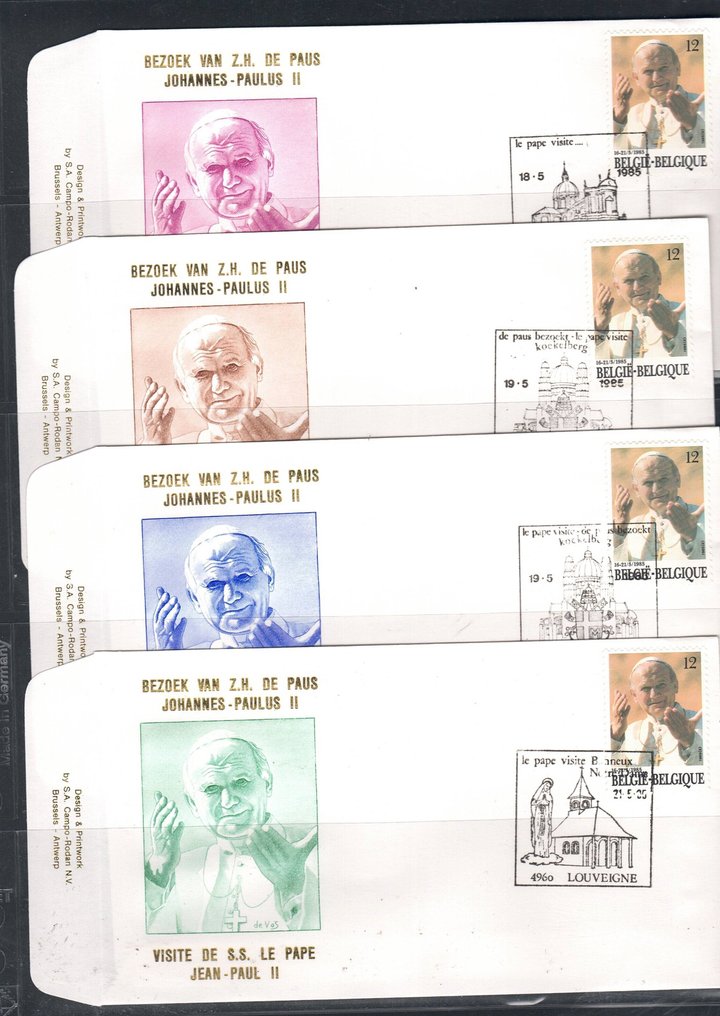 比利時 1985 - Z.H.教皇约翰·保罗二世访问比利时，完整的FDC套装和MAX卡片，附带的 - OBP: 2166 #1.0