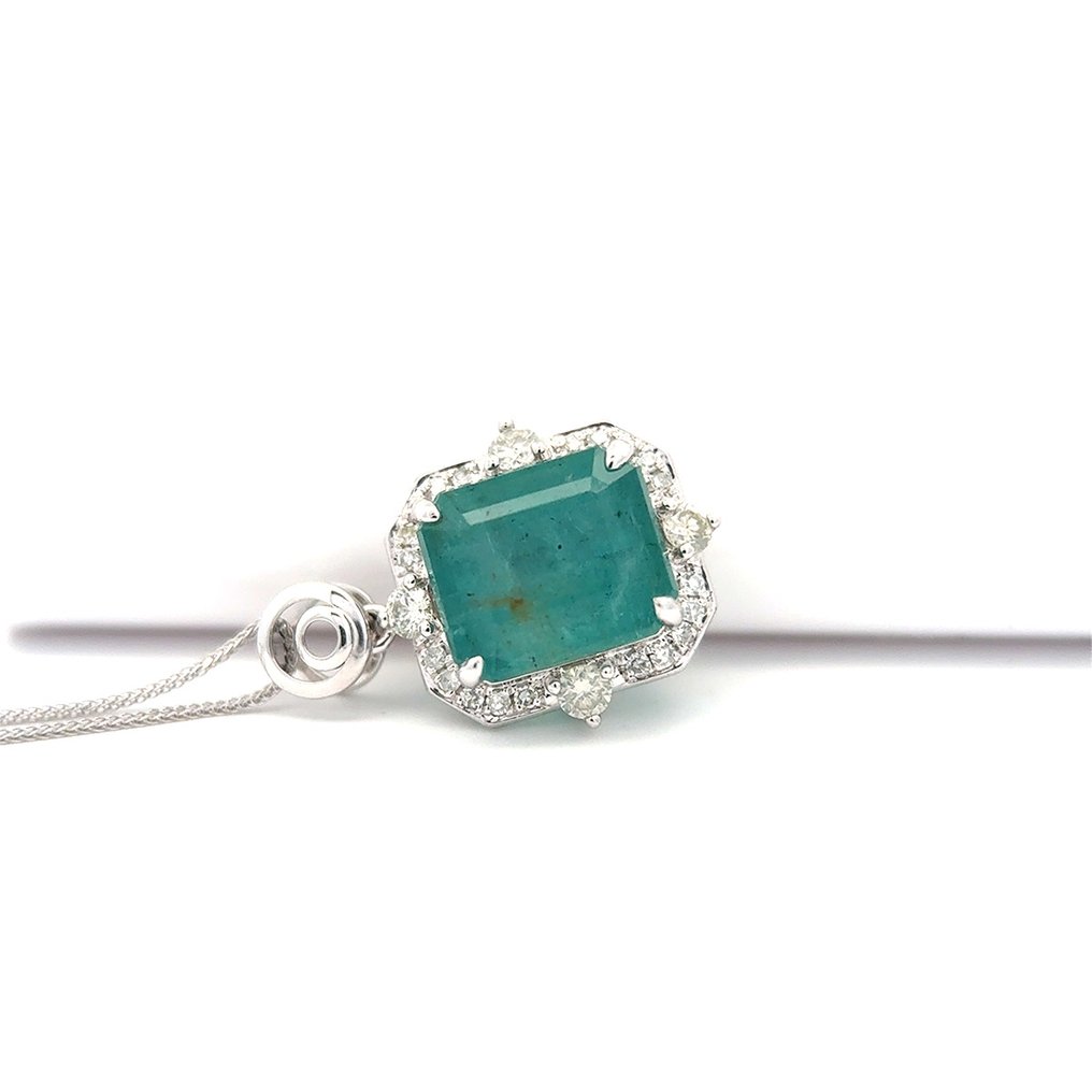 沒有保留價 - 吊墜頸鏈 - 14 克拉 白金 -  3.46ct. tw. 祖母綠 - 鉆石 #1.0