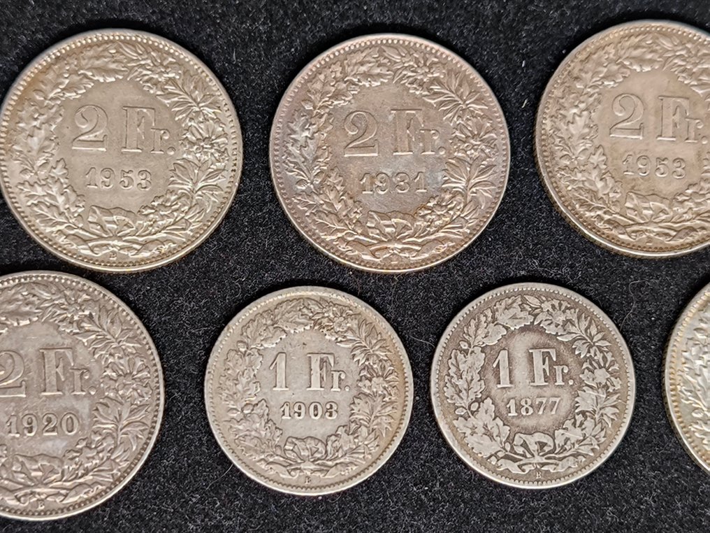 Elveția. Set of 7 coins: 1 & 2 Francs 1877/1955 (Fără preț de rezervă) #2.1