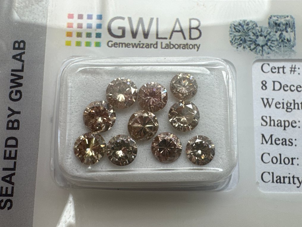 No reserve price - 10 pcs Diamond (Natural coloured) - 2.82 ct - Round Brown - SI2, VS1 - Gemewizard Gemological Laboratory (GWLab) #2.1