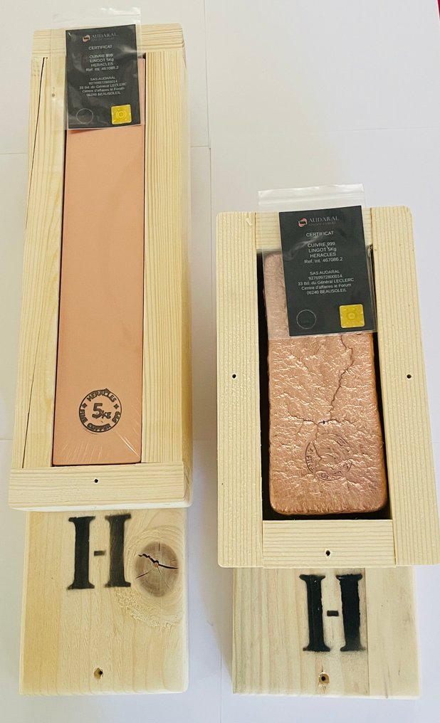 10 kilograms ( 2 x 5 Kg ) .999 - Copper - Fonderie Heracles - France - Sealed & with certificate, Custom-made branded wooden crate  (No reserve price) #1.0