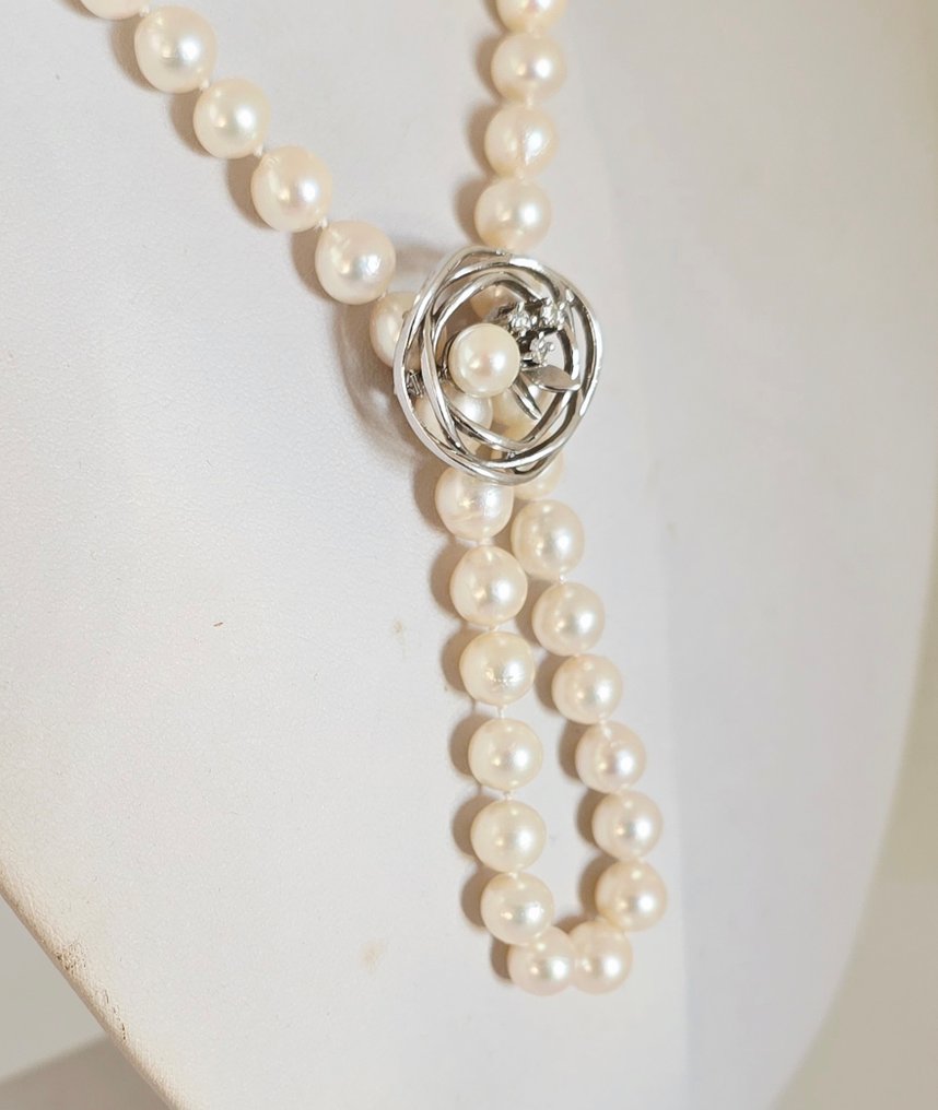 Colier - 14 ct. Aur alb -  0.12ct. tw. Perlă - Diamant #1.0