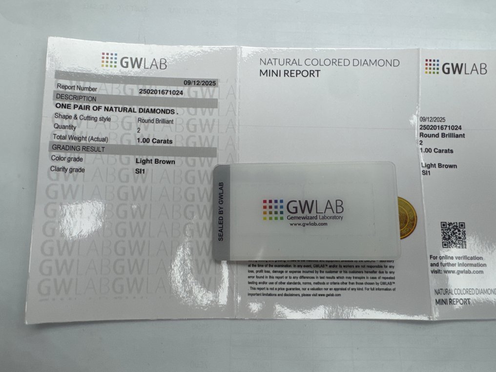 No reserve price - 2 pcs Diamond (Natural coloured) - 1.00 ct - Round - Light Brown - SI1 - Gemewizard Gemological Laboratory (GWLab) #3.2