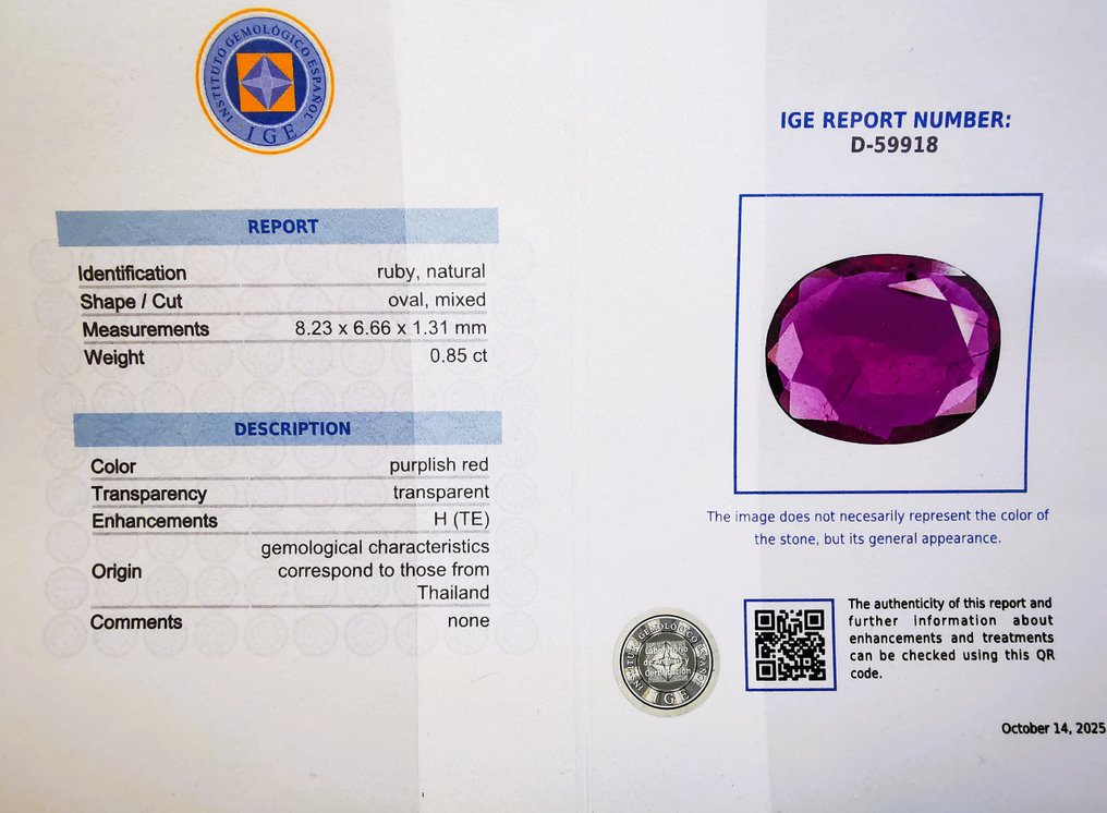 No reserve price - 1 pcs  Red Ruby  - 0.85 ct - Instituto Gemólogico Español (IGE) - RUBÍ/SIAM #1.0