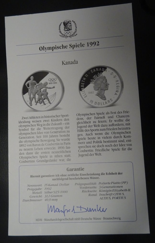 Canada. 15 Dollars 1992 Canada 100 Year Olympics Proof  (Ingen mindstepris) #2.1