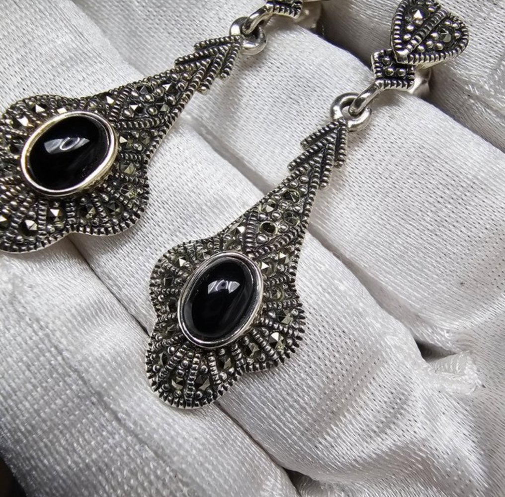 Nincs minimálár - Drop fülbevaló Ezüst Ónix - Vintage Art Déco #1.0