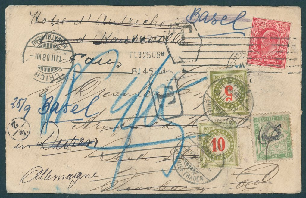 瑞士，法国，英国 1908 - 来自苏黎世，经法国，至伦敦的非常罕见的三国邮票贴在信件正面。 - Schweiz mit 3-Länderfrankatur #1.0