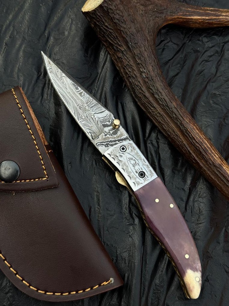 厨刀 - 厨房刀具 - 高端大马士革折叠口袋刀 – 自然骨色手柄护圈 - 亚洲 #2.1