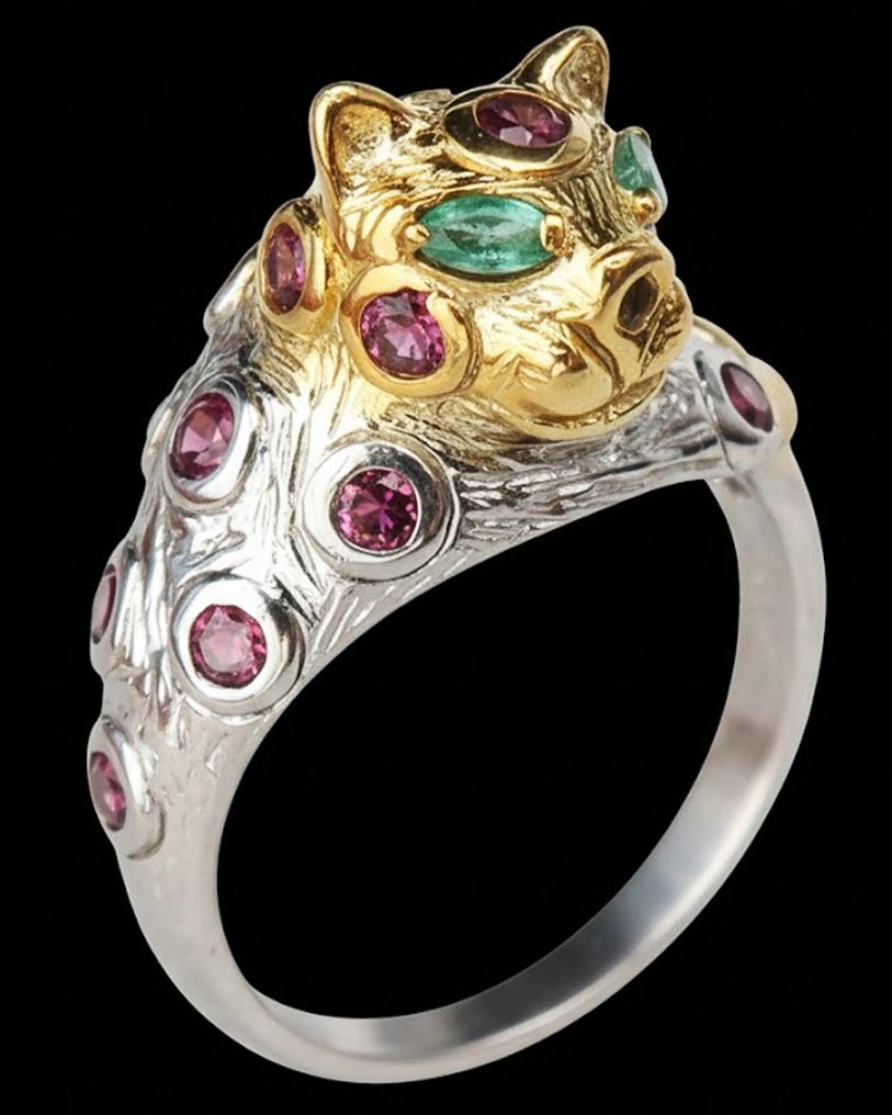 Smaragd - Sølv, Royal leopardring: magnetisk karisma og intuition - sølv 925, granat - Ring #1.0