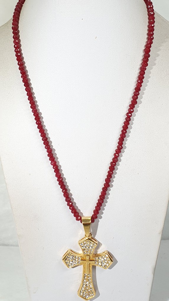 Faceted ruby and XL cross with cubic zirconia - 925 silver clasp gold-plated. - Necklace #1.0