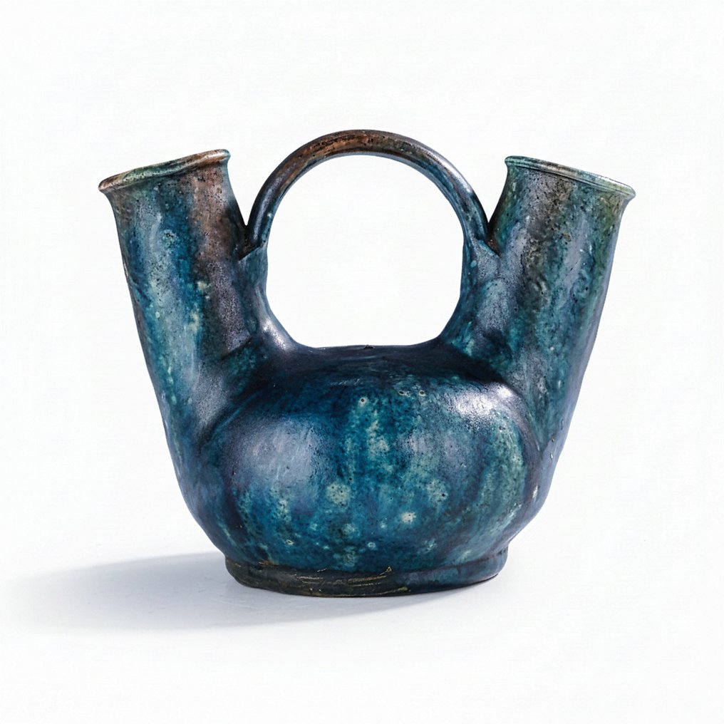Vase -  Double spout cup with flambé reduction glaze in blue and brown, Art Nouveau early Art Deco • Marked  - Ceramic #1.0