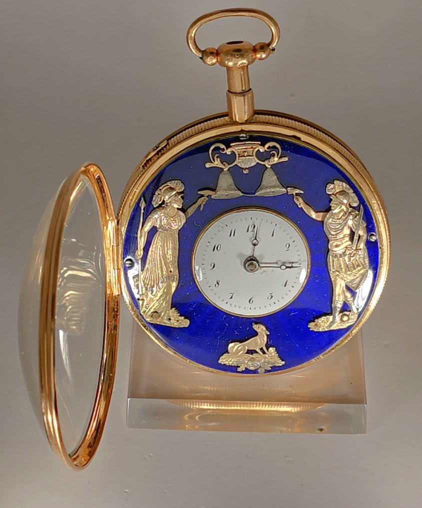 FLB Schweiz - 18K Gold Spindeluhr -  Jaquemarts Automat - Quarter Repeater - blaues Emaille - Schweiz um 1800 - Earlier than 1850 #1.0