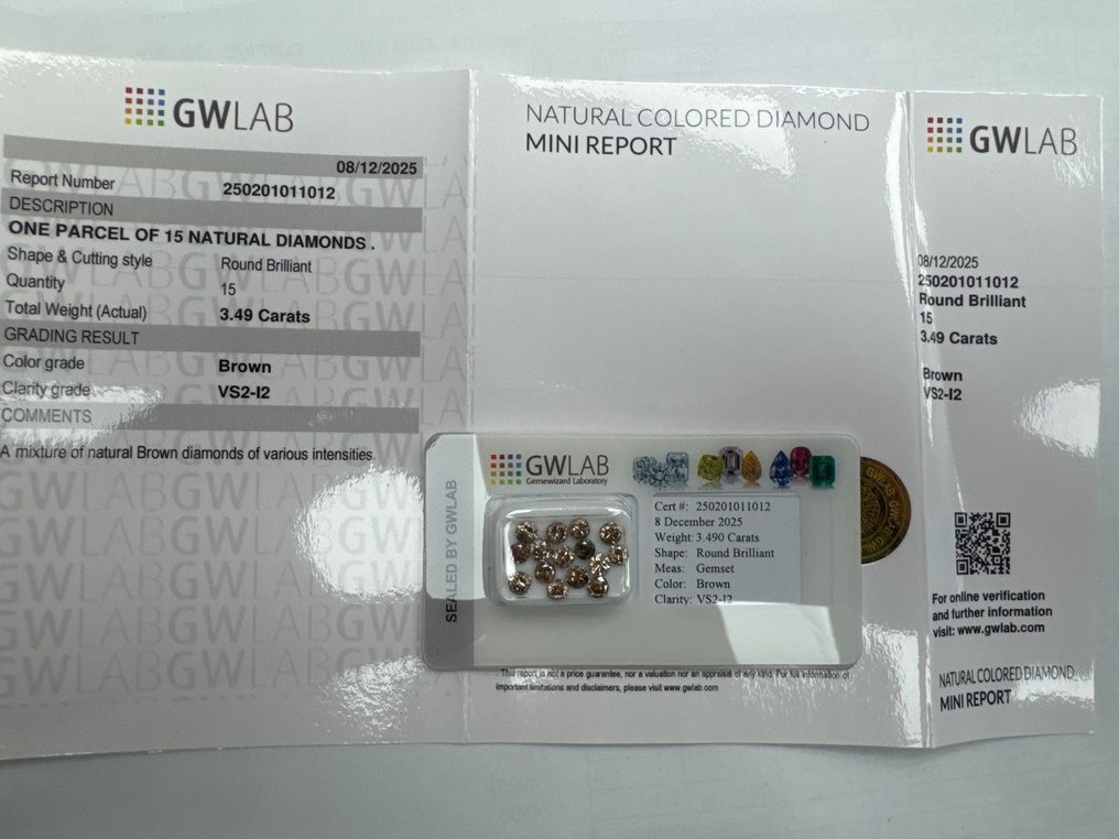 Ingen reservasjonspris - 15 pcs Diamant  (Naturfarget)  - 3.49 ct - Rund Brun - SI2, VS2, SI1, I1, I2 - Gemewizard Gemologisk laboratorium (GWLab) #1.0