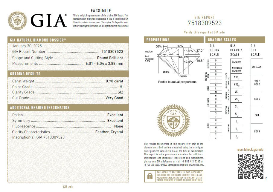 1 pcs 钻石  (天然)  - 0.90 ct - 圆形 - H - SI2 微内含二级 - 美国宝石研究院（GIA） #4.3