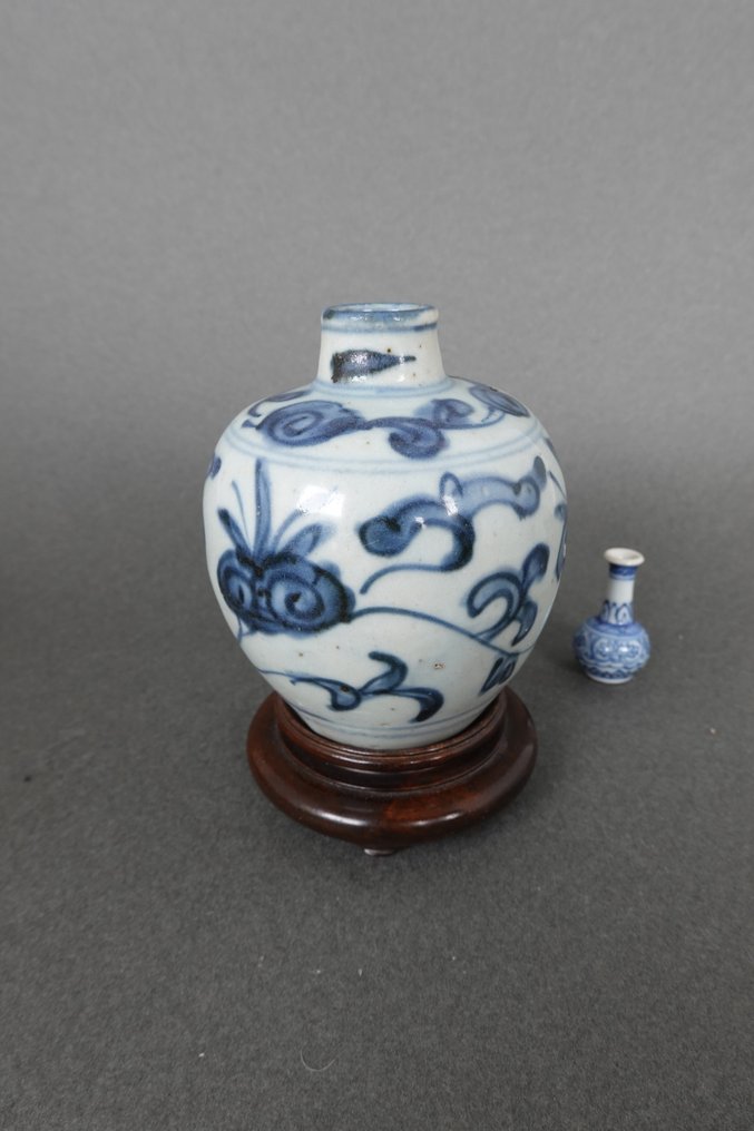 Jiajing (1522-1566) - Jar - Blue and White Ming Dynasty Spherical Vase - Porcelain - Ruyi and Leaf Patterns #1.0