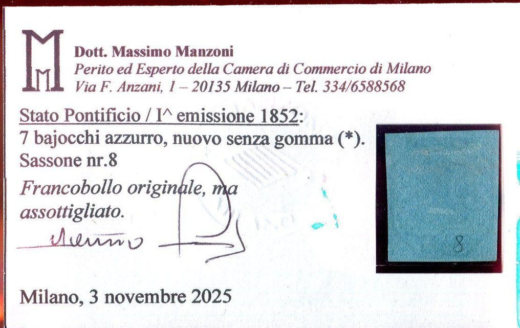 Αρχαία ιταλικά κράτη - Παπικό κράτος 1852/1852 - Το σπάνιο 7 baj νέο. - Sassone 8 #1.0