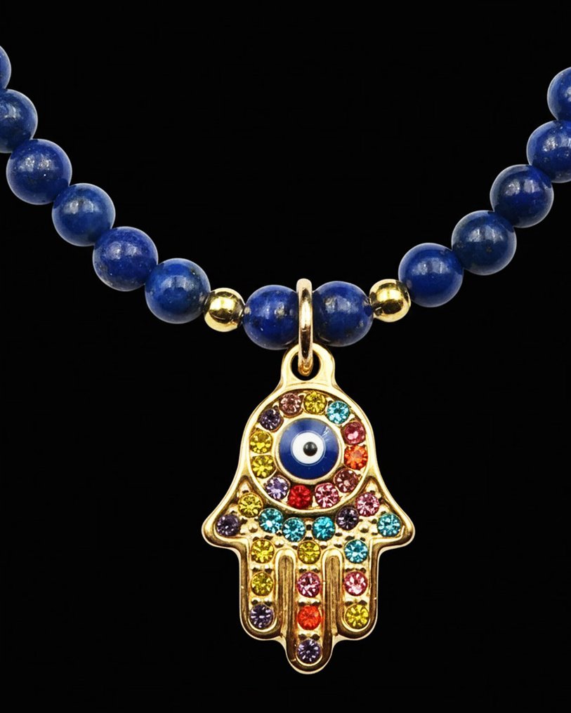 青金石 - 银, Fatma之手 - 保护免受厄运并吸引好运 - 14K金镀金扣环 - 吊坠项链 #1.0