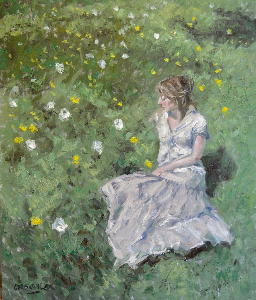 Chris van Dijk (1952) Impressionist - " Femme dans son jardin " #1.0