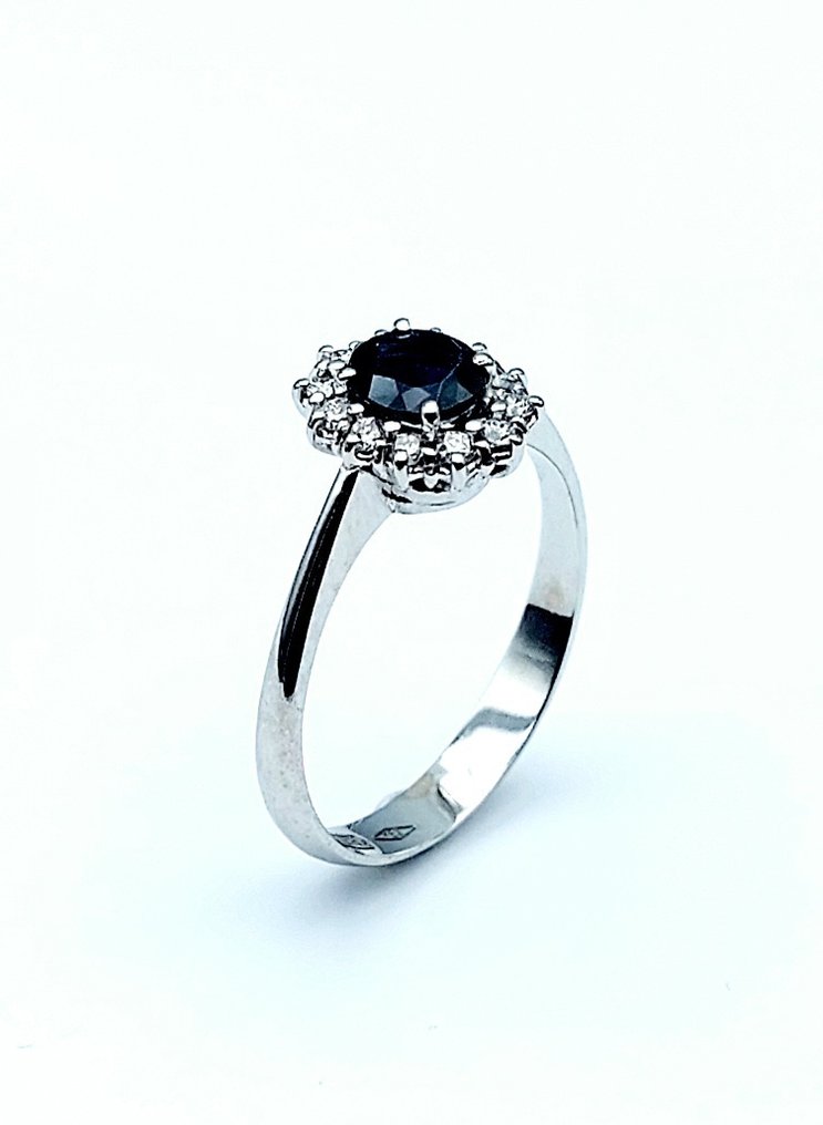 Bague - 18 carats Or blanc Saphir - Diamant #1.0