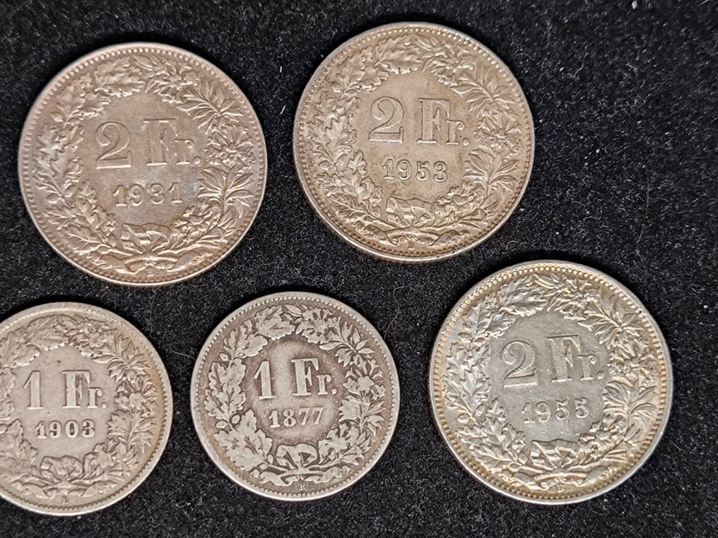 Elveția. Set of 7 coins: 1 & 2 Francs 1877/1955 (Fără preț de rezervă) #3.2