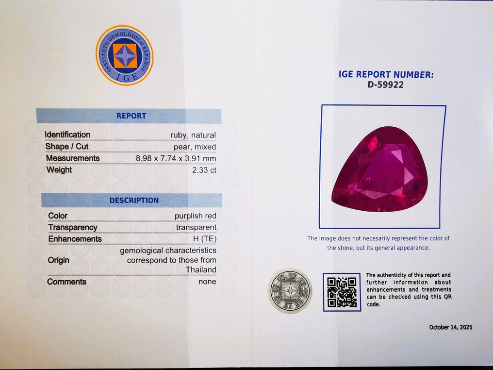 No reserve price - 1 pcs  Red Ruby  - 2.33 ct - Instituto Gemólogico Español (IGE) #1.0