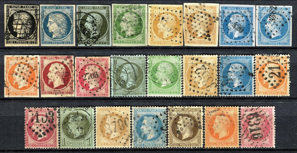 法国 1849/1867 - 23枚经典邮票套装 - YVERT&TELLIER 3/4, 11/12, 13A y B, 14A y B, 16, 17 A y B, 19/24, 25, 28B, 29B, 30/32 #1.0