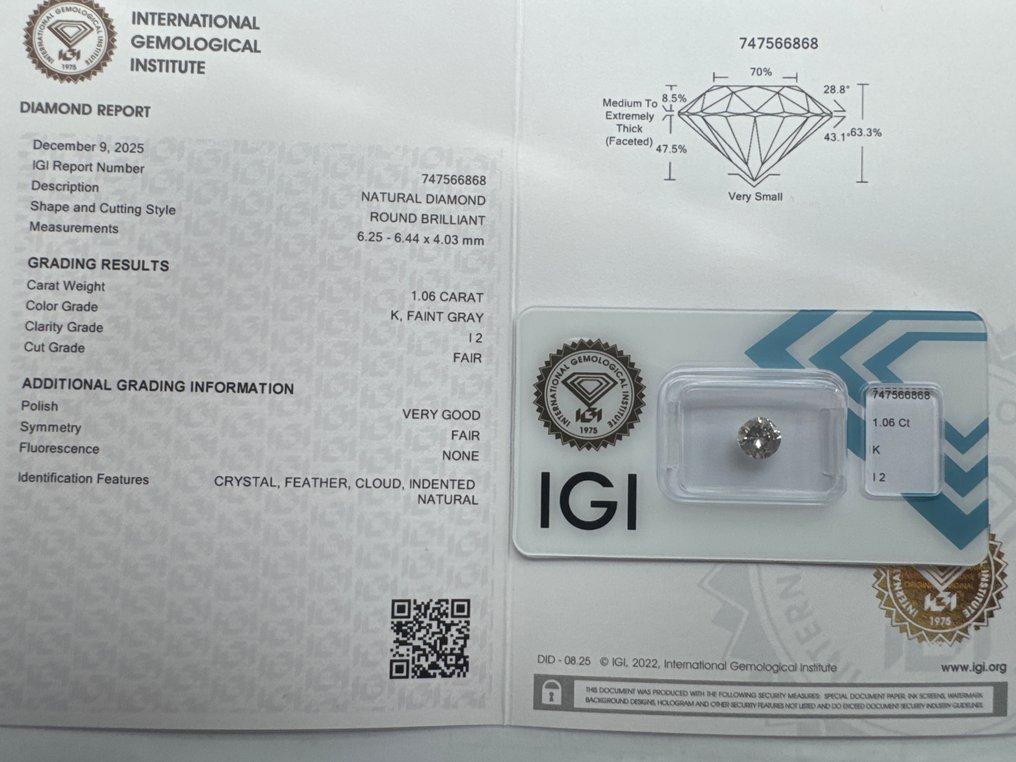 χωρίς τιμή ασφαλείας - 1 pcs Διαμάντι  (Φυσικό)  - 1.06 ct - Στρογγυλό - K - I2 - International Gemological Institute (IGI) - K αχνό γκρι #1.0