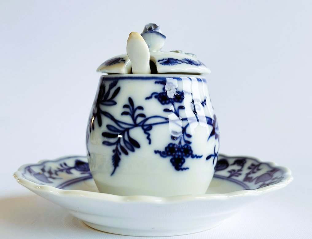 Teichert - Meissen stadt - 酱船 - 蓝色洋葱图案芥末罐配原装勺子 - 瓷 #4.3