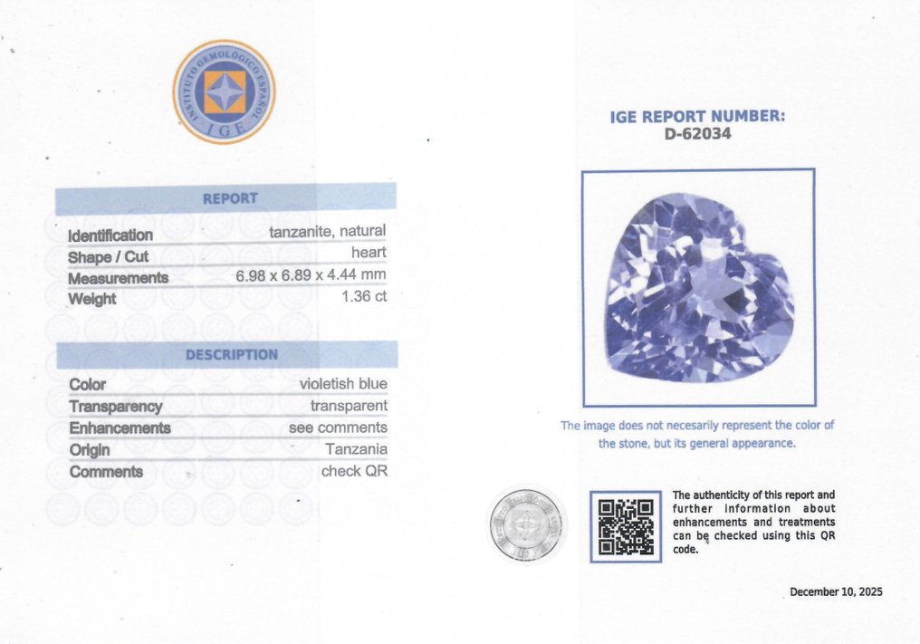 1 pcs  坦桑石  - 1.36 ct - Instituto Gemólogico Español (IGE) #2.1