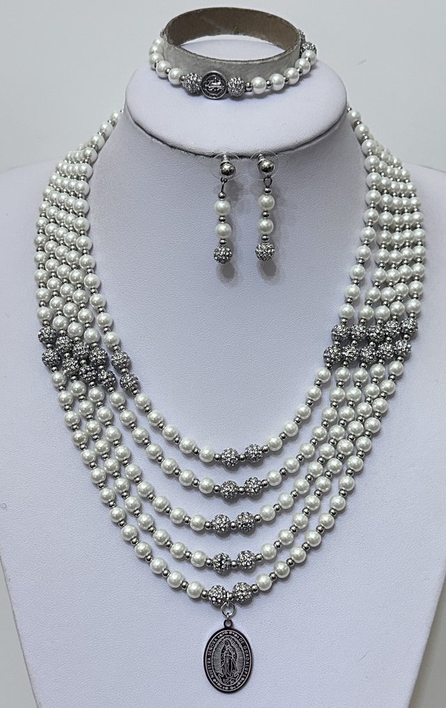 Μητέρα των Λευκών Μαργαριταριών με την Παρθένο της Guadalupe και Ελληνικούς Σταυρούς από αιματίτες. - Σετ κοσμημάτων 3 τεμαχίων - Υψηλή ποιότητα. #1.0