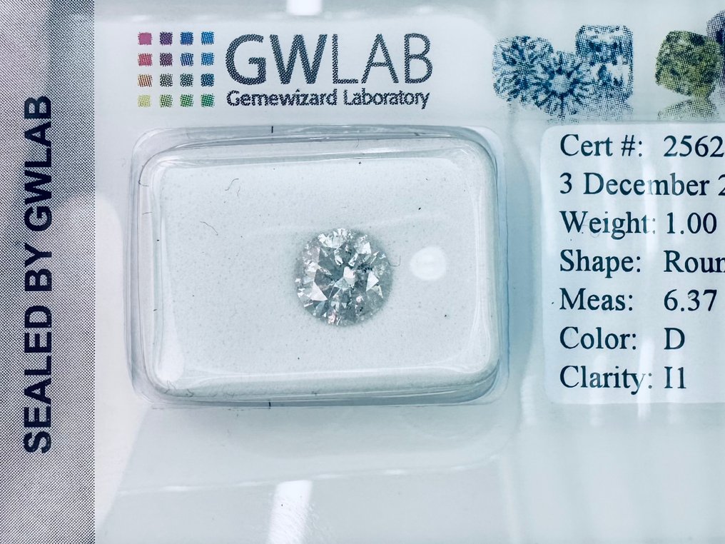 1 pcs 鑽石  (天然)  - 1.00 ct - 圓形 - D (無色) - I1 - Gemewizard Gemological Laboratory (GWLab) - （自然） #1.0