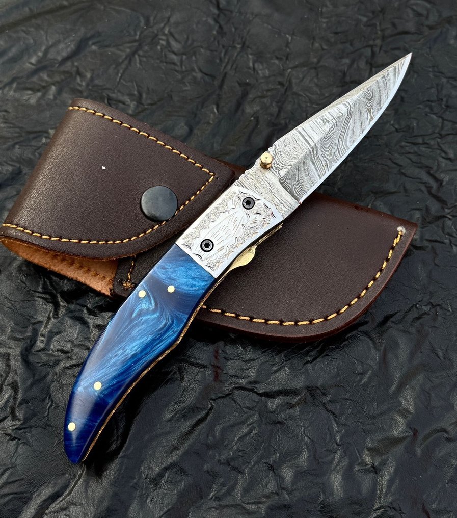 厨刀 - 厨房刀具 - 高端Damascus折叠口袋刀 - Risen - 雕刻护手柄 - 亚洲 #1.0