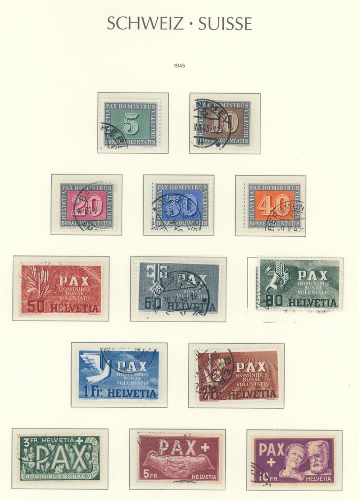 Switzerland 1945 - Impeccable, genuinely canceled PAX set 5 C to 10 Fr (5 Fr with certificate) Mi. No. 447 to 459 - Schweiz - PAX 1945 #1.0