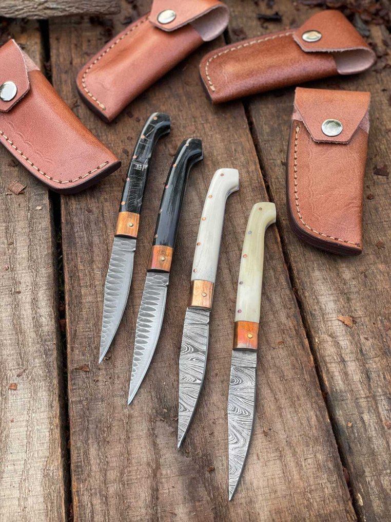 K Romain - 廚刀 - Kitchen knife set -  工匠意大利Pattada刀具，K Romain手工精品刀具 - 鋼, 不锈钢 皮革 骨头 复古 铜 - 法國 - 永恒的稀有发现 #2.1