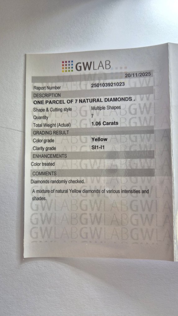 沒有保留價 - 7 pcs 鑽石  (天然彩色)  - 1.06 ct - 混合形狀 黃色 - SI1, I1, SI2, SI3 - Gemewizard Gemological Laboratory (GWLab) #3.2