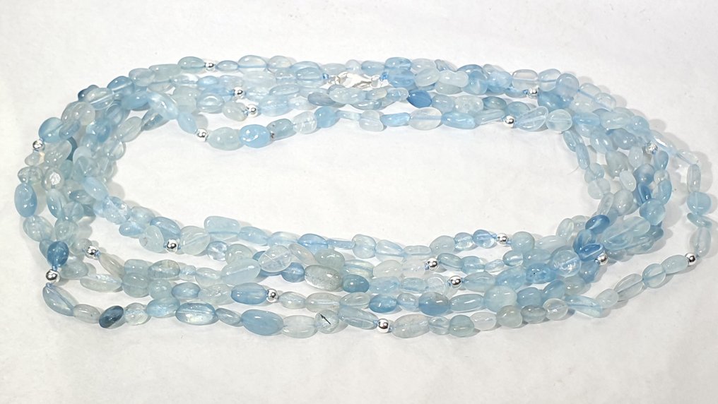 天然海蓝宝石 - AAAA++ - 超长 - 神圣保护 - 925纯银扣 - 頸鏈 #2.1