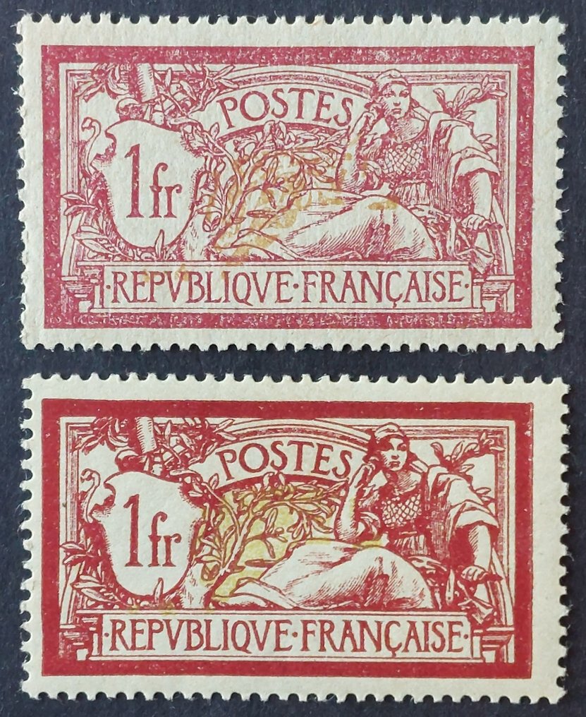 法国 1900 - Merson，1瓶lie-de-vin和橄榄，两个样品，偏移的中心和深色调。 - Yvert 121 et 121b #1.0