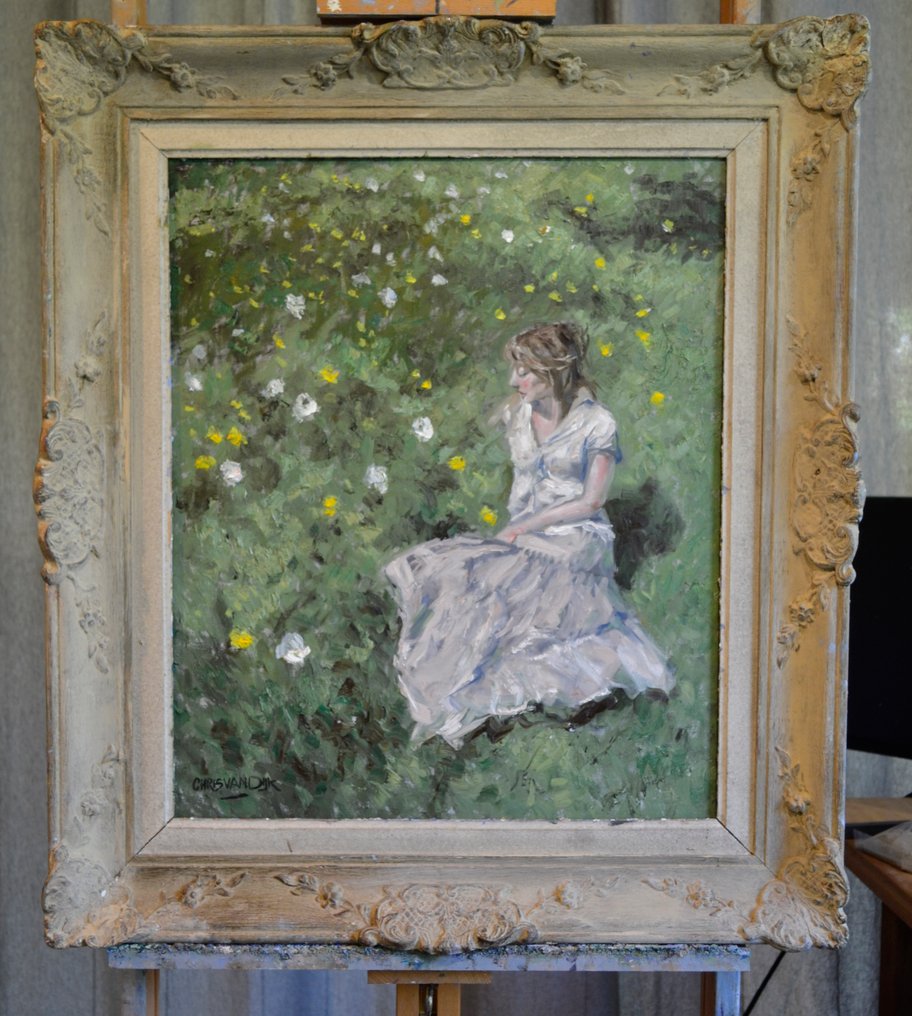 Chris van Dijk (1952) Impressionist - " Femme dans son jardin " #1.0